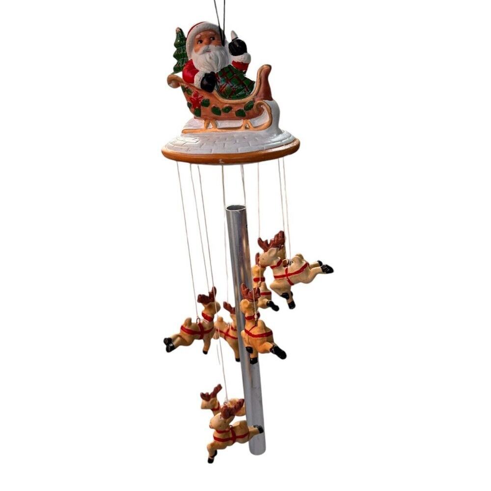 Vintage Christmas Holiday Santa Sleigh Wind Chime 7 Reindeer Ceramic Adorable